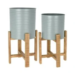 Koopman Olive Green Steel Planter With Wooden Stand